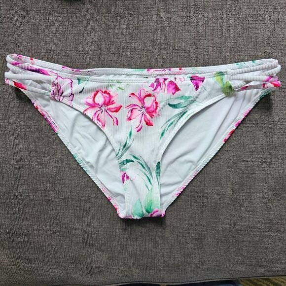 TiniBikini White & Pink Tropical Ruffle Off-Shoulder Ribbed Bikini Top & Bottoms - Picture 7 of 16